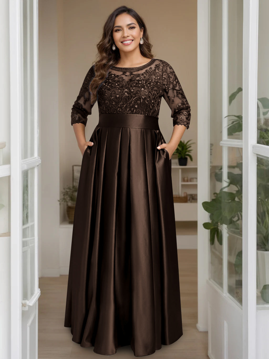 A-Line/Princess Scoop 3/4 Length Sleeves Floor-Length Plus Size Mother of the Bride Dresses with Bow & Sequins