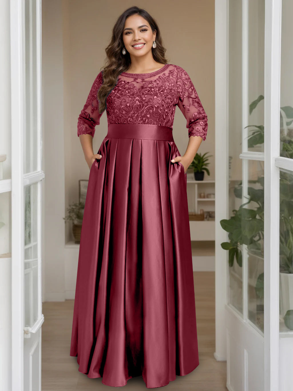 A-Line/Princess Scoop 3/4 Length Sleeves Floor-Length Plus Size Mother of the Bride Dresses with Bow & Sequins