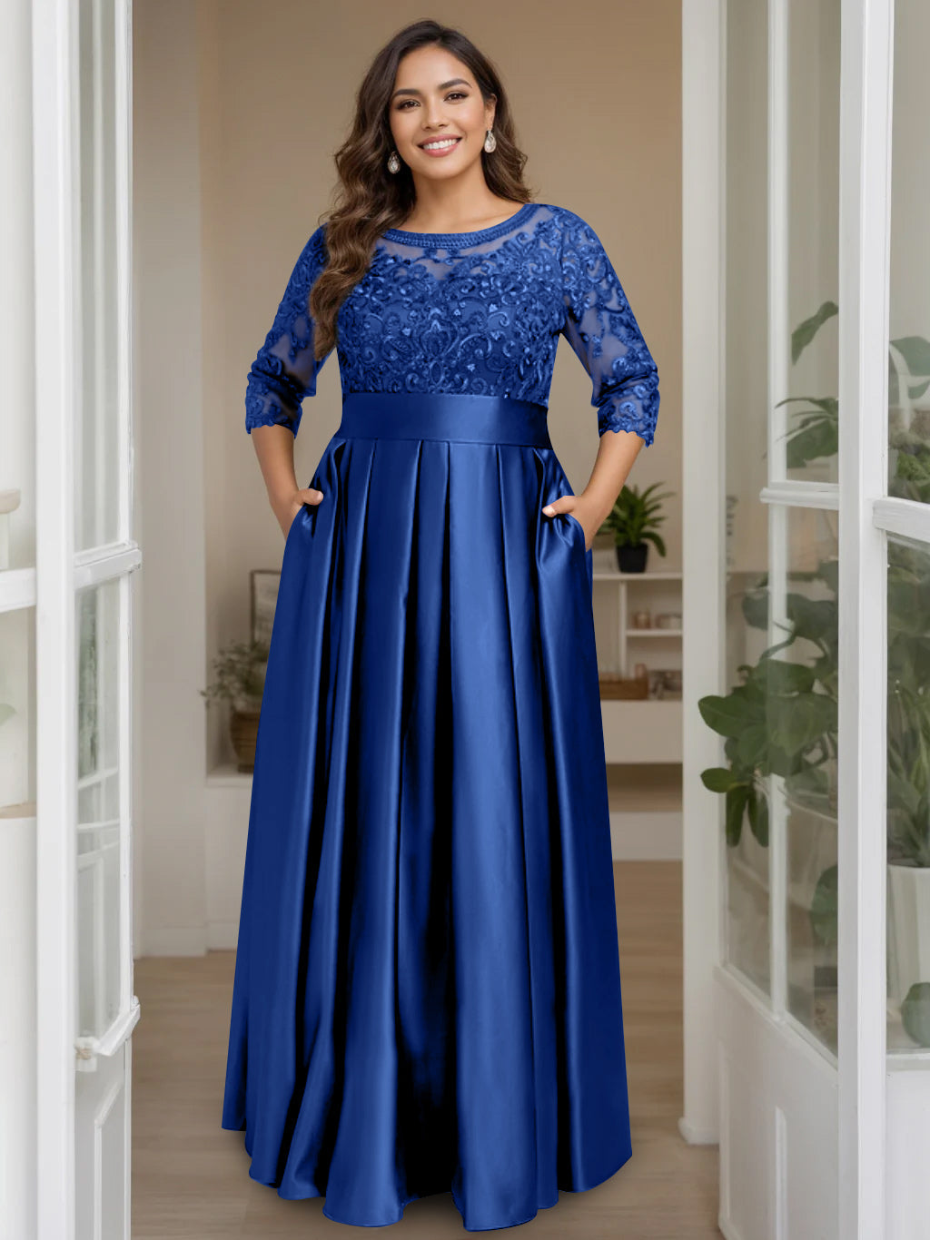 A-Line/Princess Scoop 3/4 Length Sleeves Floor-Length Plus Size Mother of the Bride Dresses with Bow & Sequins