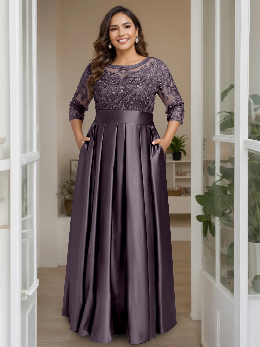 A-Line/Princess Scoop 3/4 Length Sleeves Floor-Length Plus Size Mother of the Bride Dresses with Bow & Sequins