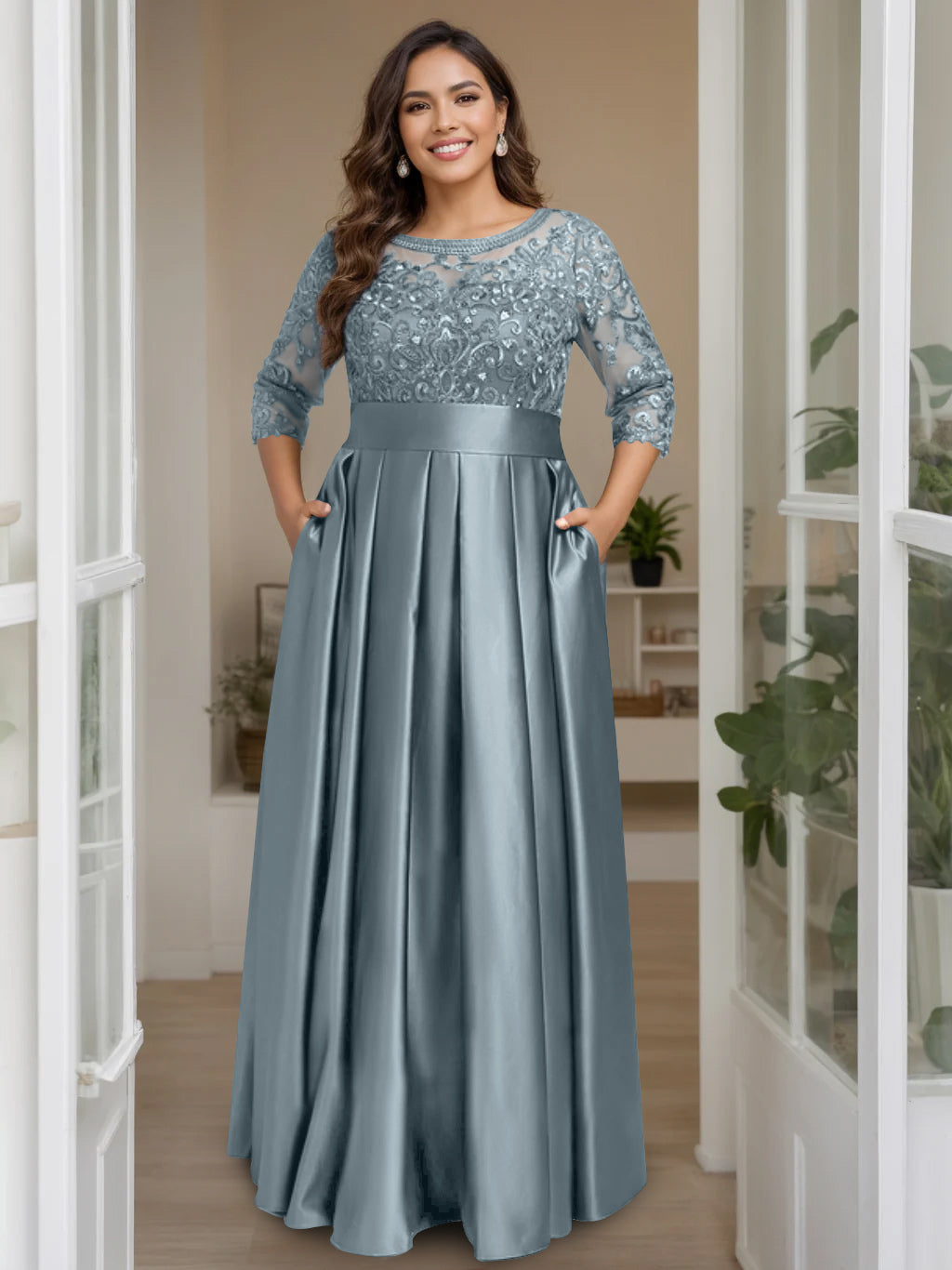 A-Line/Princess Scoop 3/4 Length Sleeves Floor-Length Plus Size Mother of the Bride Dresses with Bow & Sequins