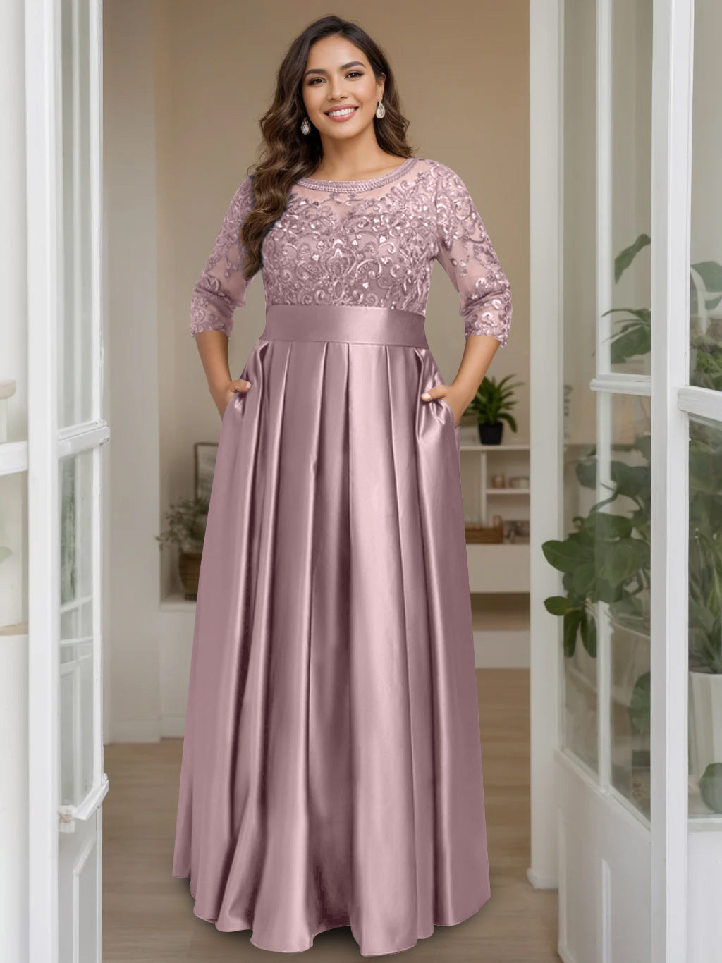 A-Line/Princess Scoop 3/4 Length Sleeves Floor-Length Plus Size Mother of the Bride Dresses with Bow & Sequins