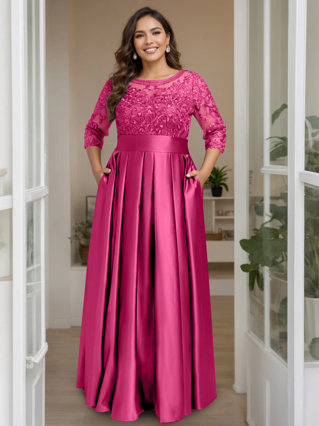 A-Line/Princess Scoop 3/4 Length Sleeves Floor-Length Plus Size Mother of the Bride Dresses with Bow & Sequins