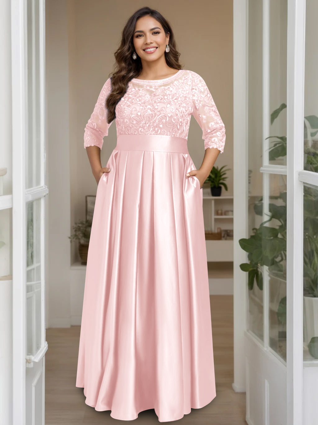 A-Line/Princess Scoop 3/4 Length Sleeves Floor-Length Plus Size Mother of the Bride Dresses with Bow & Sequins