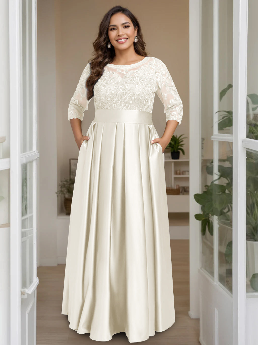 A-Line/Princess Scoop 3/4 Length Sleeves Floor-Length Plus Size Mother of the Bride Dresses with Bow & Sequins