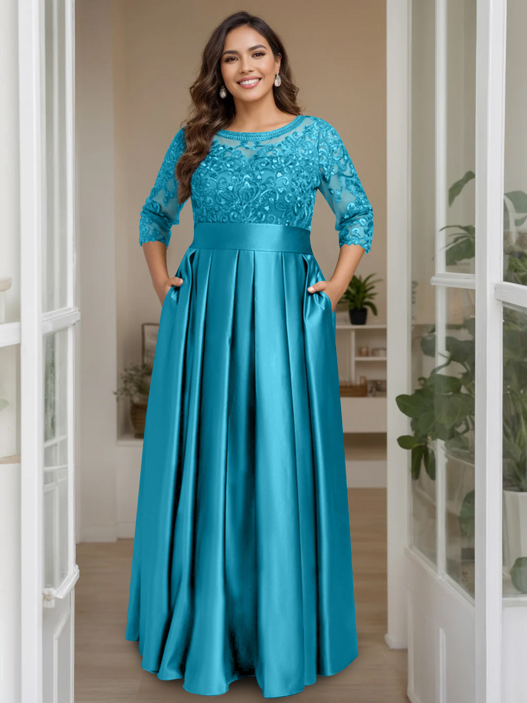 A-Line/Princess Scoop 3/4 Length Sleeves Floor-Length Plus Size Mother of the Bride Dresses with Bow & Sequins