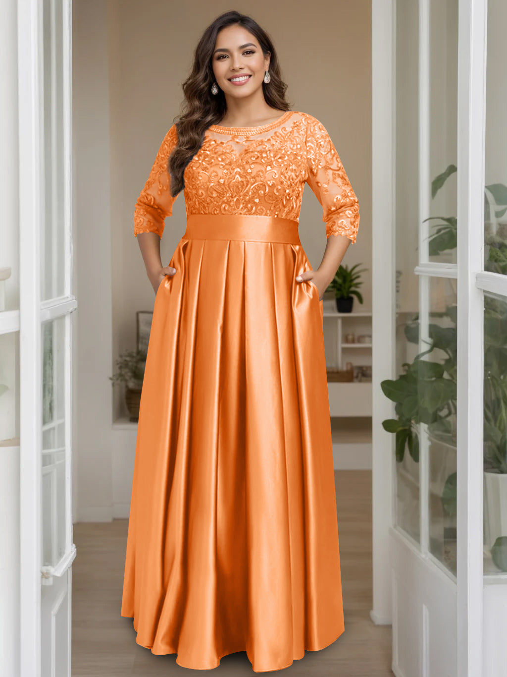 A-Line/Princess Scoop 3/4 Length Sleeves Floor-Length Plus Size Mother of the Bride Dresses with Bow & Sequins