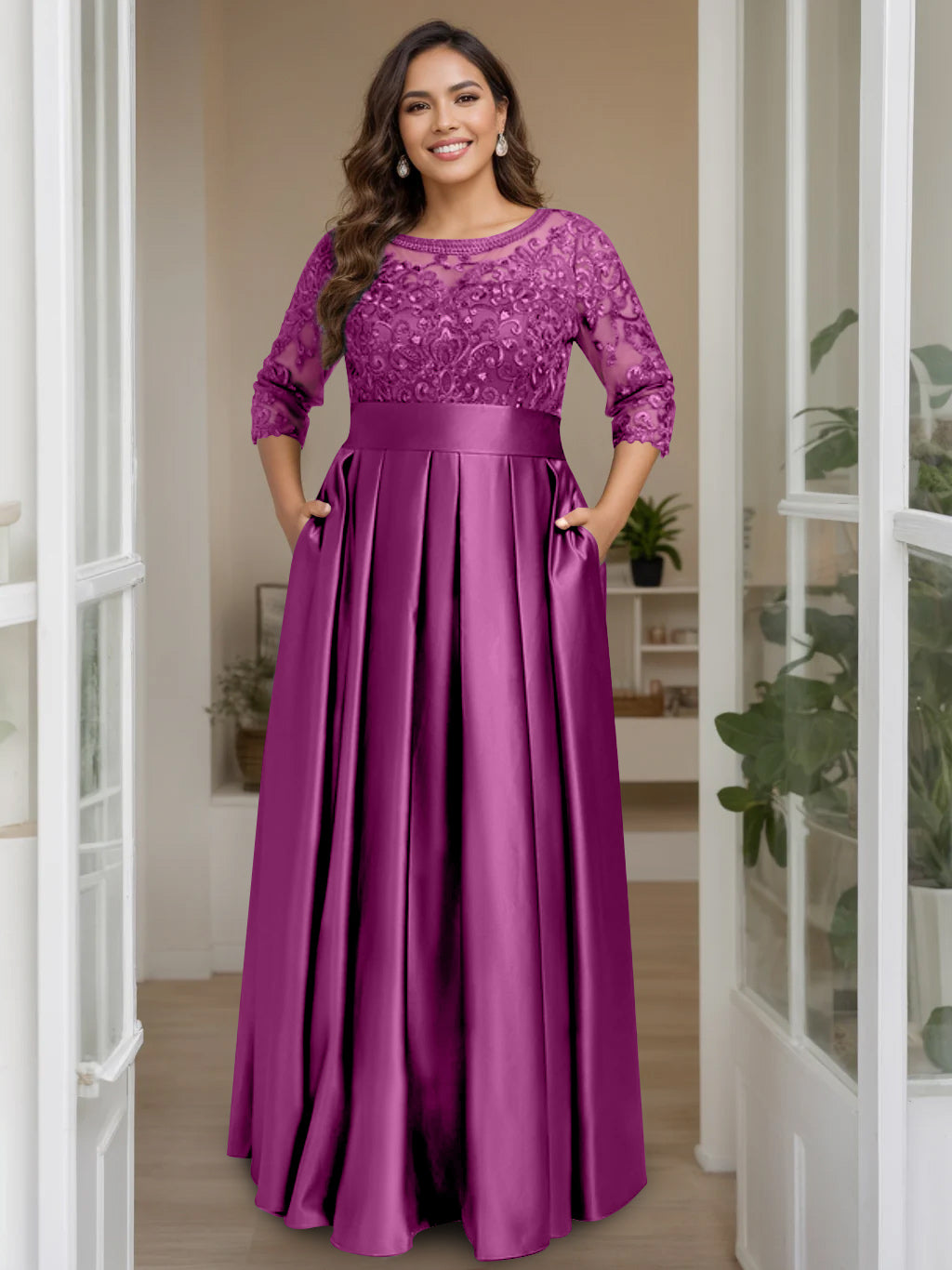A-Line/Princess Scoop 3/4 Length Sleeves Floor-Length Plus Size Mother of the Bride Dresses with Bow & Sequins