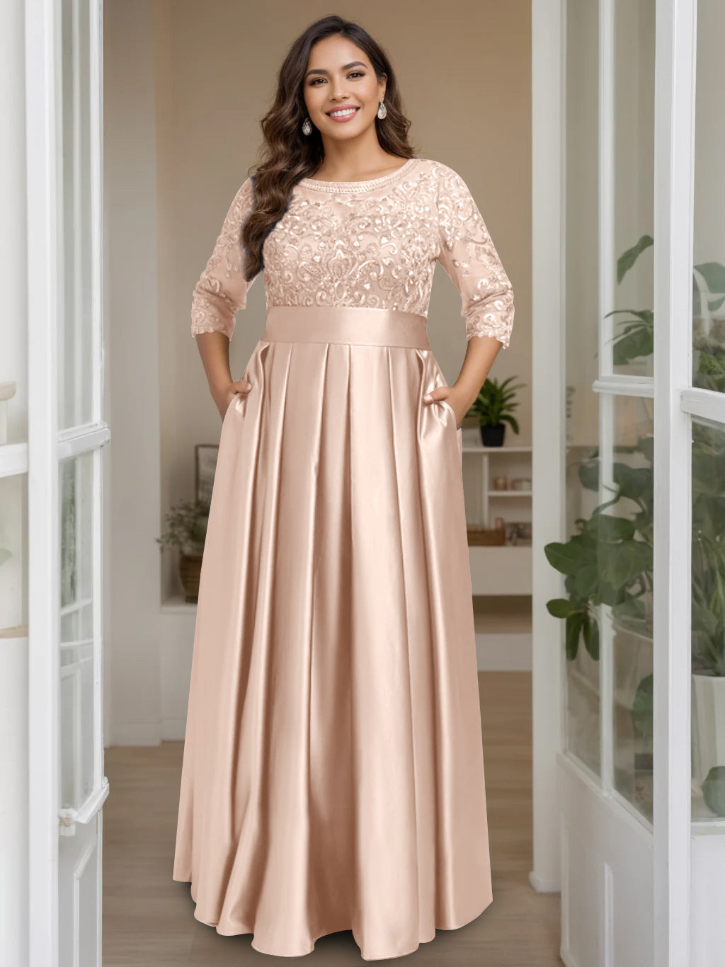 A-Line/Princess Scoop 3/4 Length Sleeves Floor-Length Plus Size Mother of the Bride Dresses with Bow & Sequins