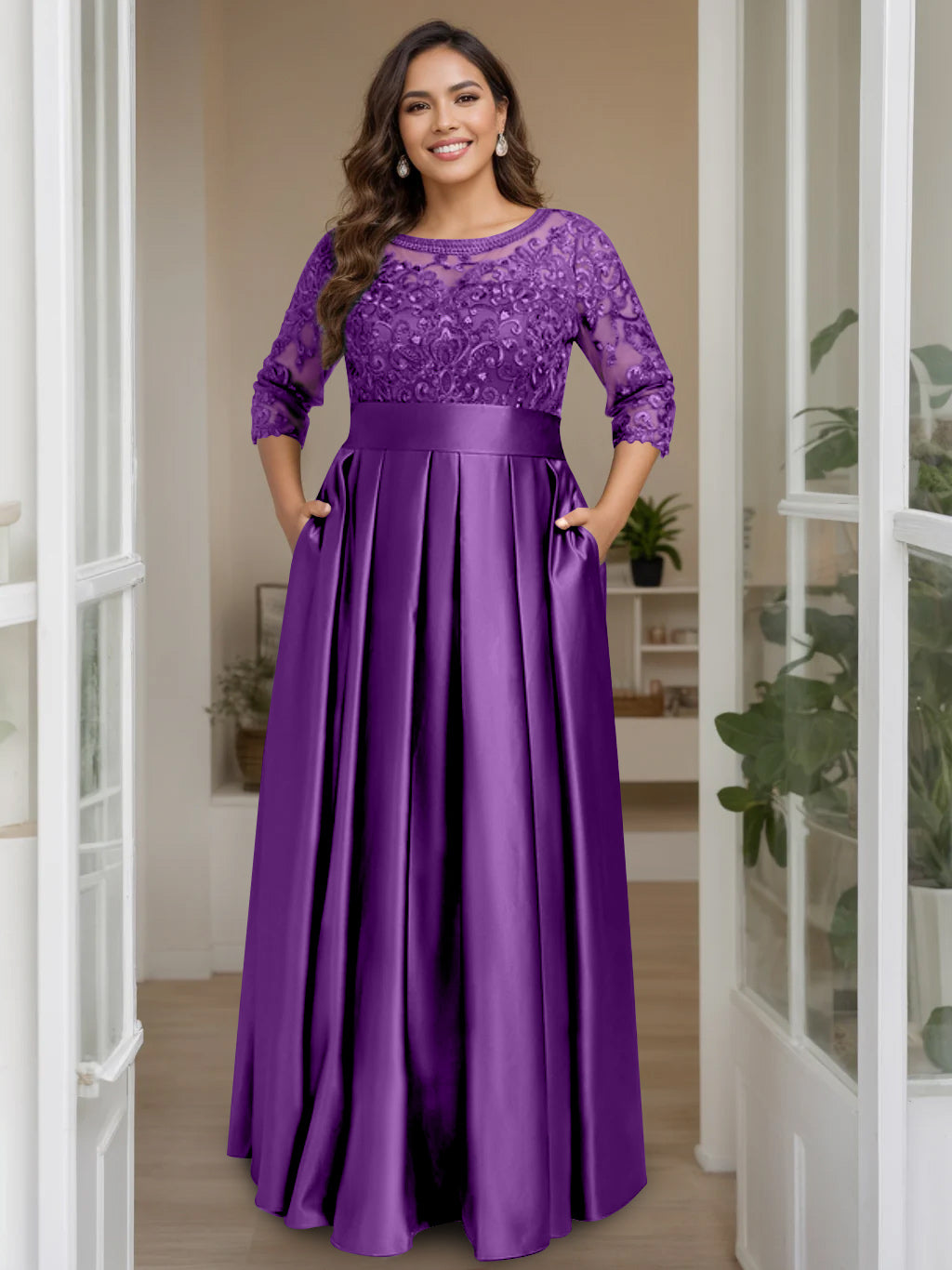 A-Line/Princess Scoop 3/4 Length Sleeves Floor-Length Plus Size Mother of the Bride Dresses with Bow & Sequins
