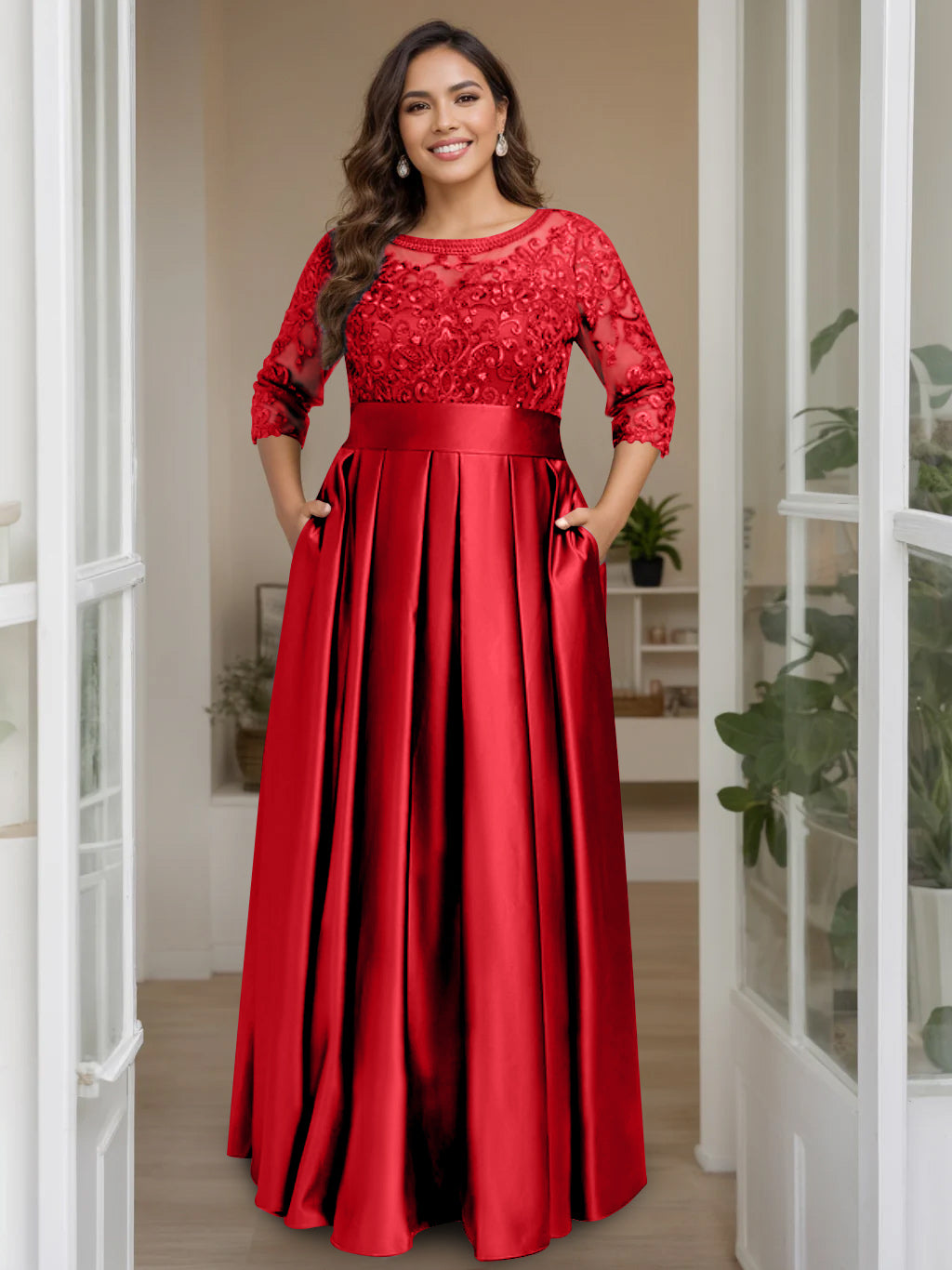 A-Line/Princess Scoop 3/4 Length Sleeves Floor-Length Plus Size Mother of the Bride Dresses with Bow & Sequins
