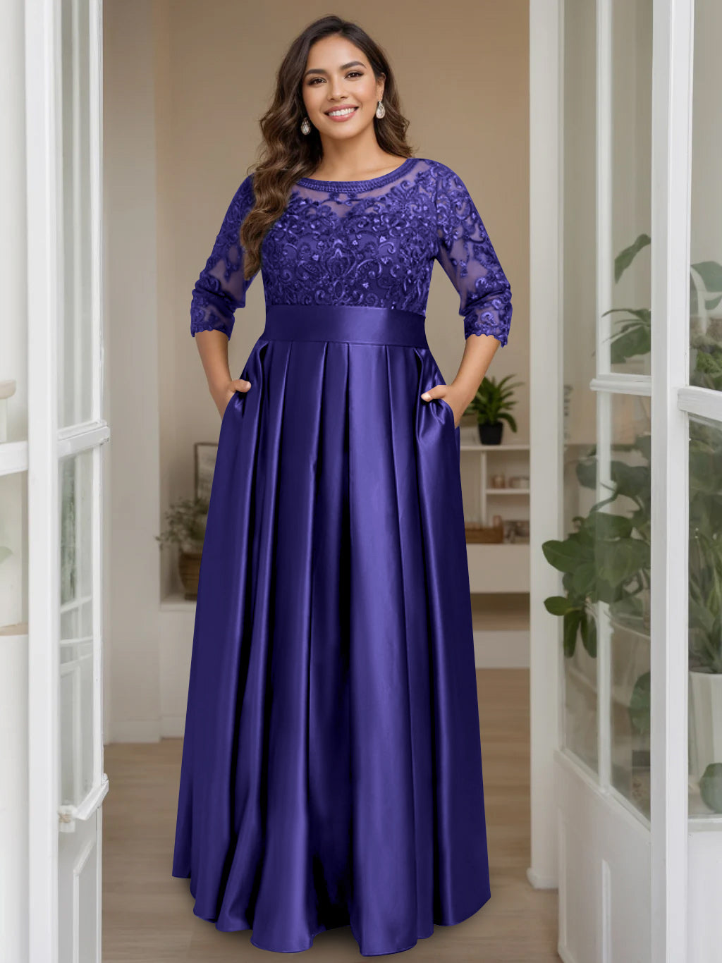 A-Line/Princess Scoop 3/4 Length Sleeves Floor-Length Plus Size Mother of the Bride Dresses with Bow & Sequins