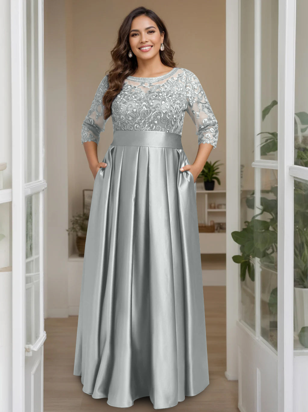 A-Line/Princess Scoop 3/4 Length Sleeves Floor-Length Plus Size Mother of the Bride Dresses with Bow & Sequins