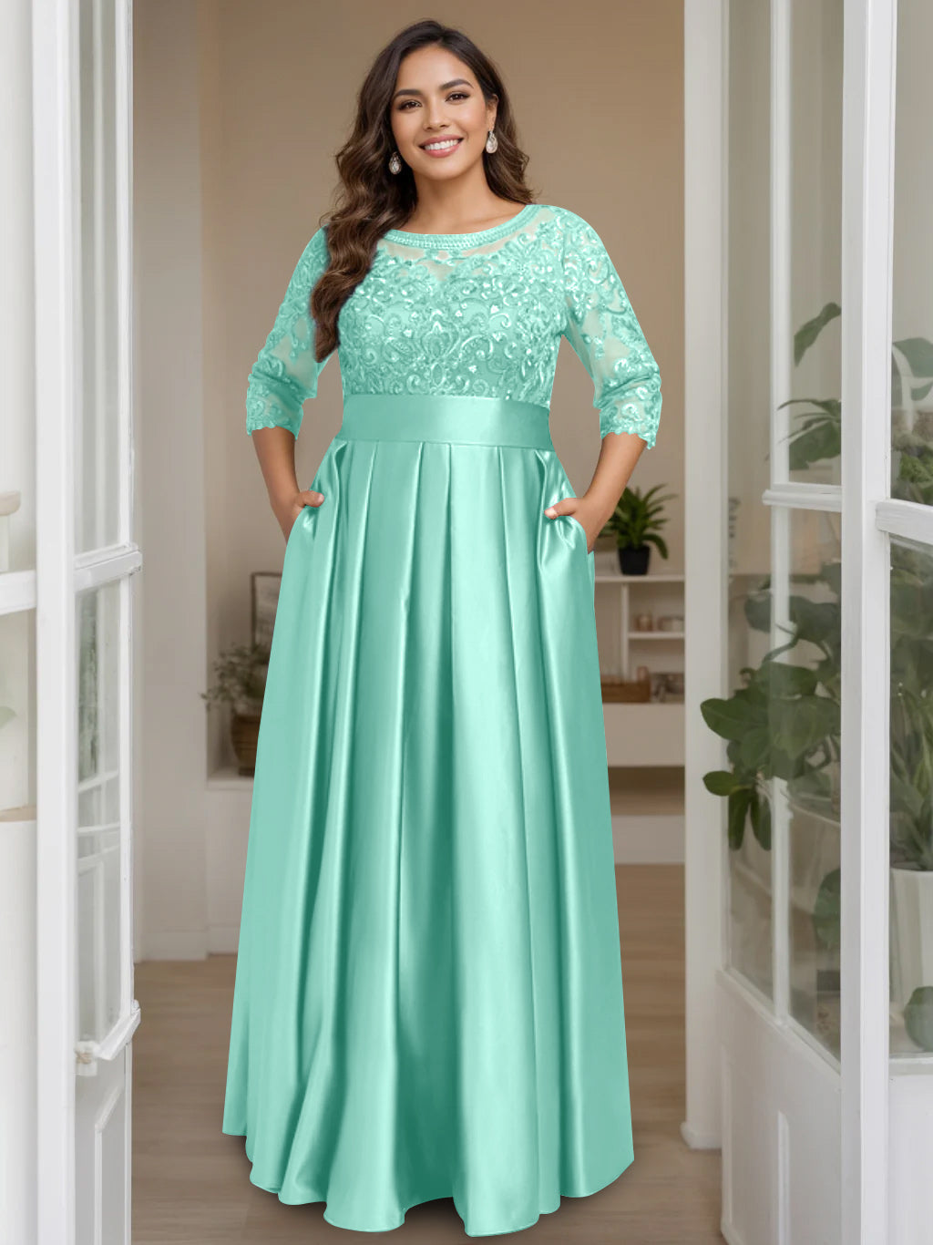 A-Line/Princess Scoop 3/4 Length Sleeves Floor-Length Plus Size Mother of the Bride Dresses with Bow & Sequins