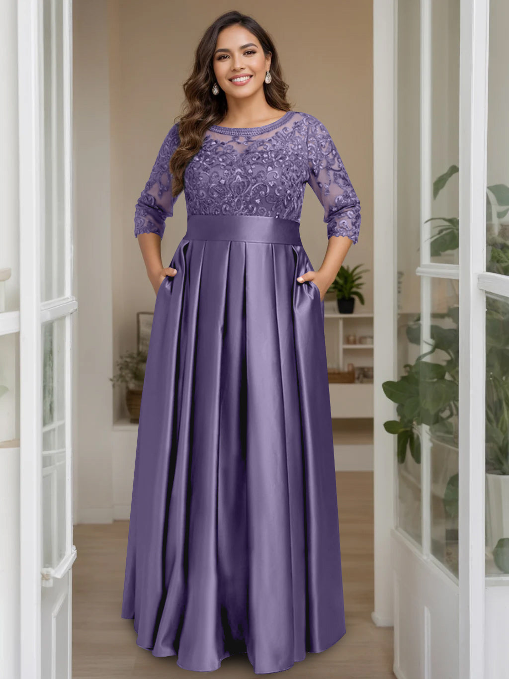A-Line/Princess Scoop 3/4 Length Sleeves Floor-Length Plus Size Mother of the Bride Dresses with Bow & Sequins