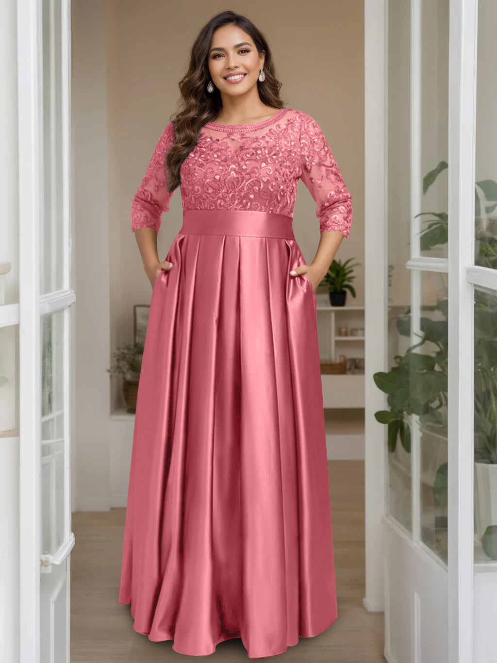 A-Line/Princess Scoop 3/4 Length Sleeves Floor-Length Plus Size Mother of the Bride Dresses with Bow & Sequins