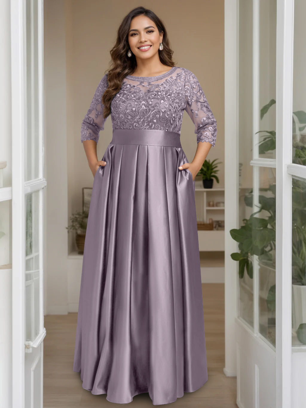 A-Line/Princess Scoop 3/4 Length Sleeves Floor-Length Plus Size Mother of the Bride Dresses with Bow & Sequins