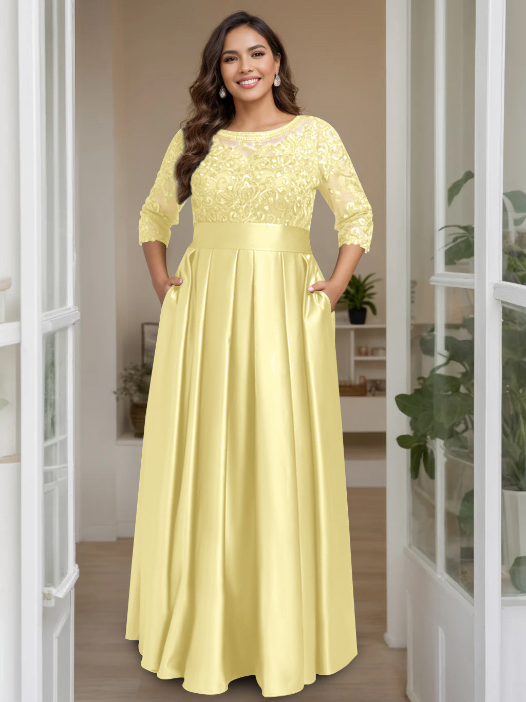 A-Line/Princess Scoop 3/4 Length Sleeves Floor-Length Plus Size Mother of the Bride Dresses with Bow & Sequins