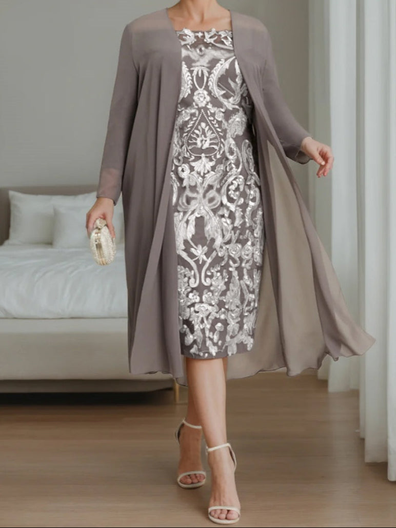 Sheath/Column Off-the-Shoulder 3/4 Length Sleeves Knee-Length Plus Size Mother of the Bride Dresses with Jacket