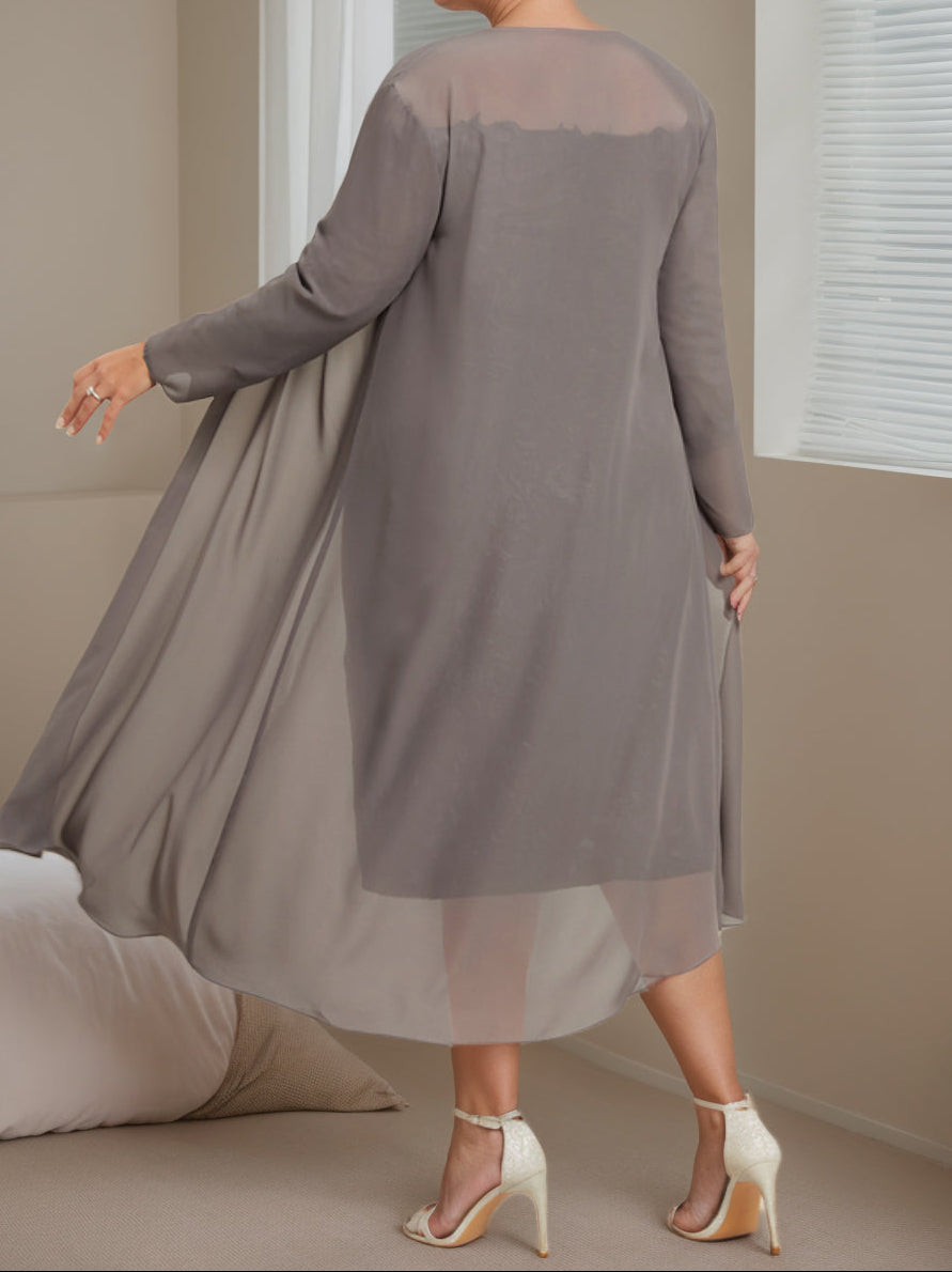 Sheath/Column Off-the-Shoulder 3/4 Length Sleeves Knee-Length Plus Size Mother of the Bride Dresses with Jacket
