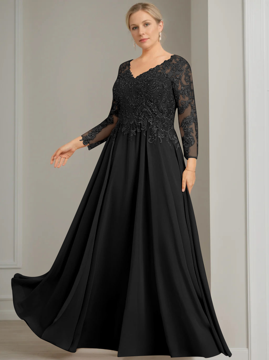 A-Line/Princess V-Neck 3/4 Length Sleeves Floor-Length Plus Size Mother of the Bride Dresses with Sequins