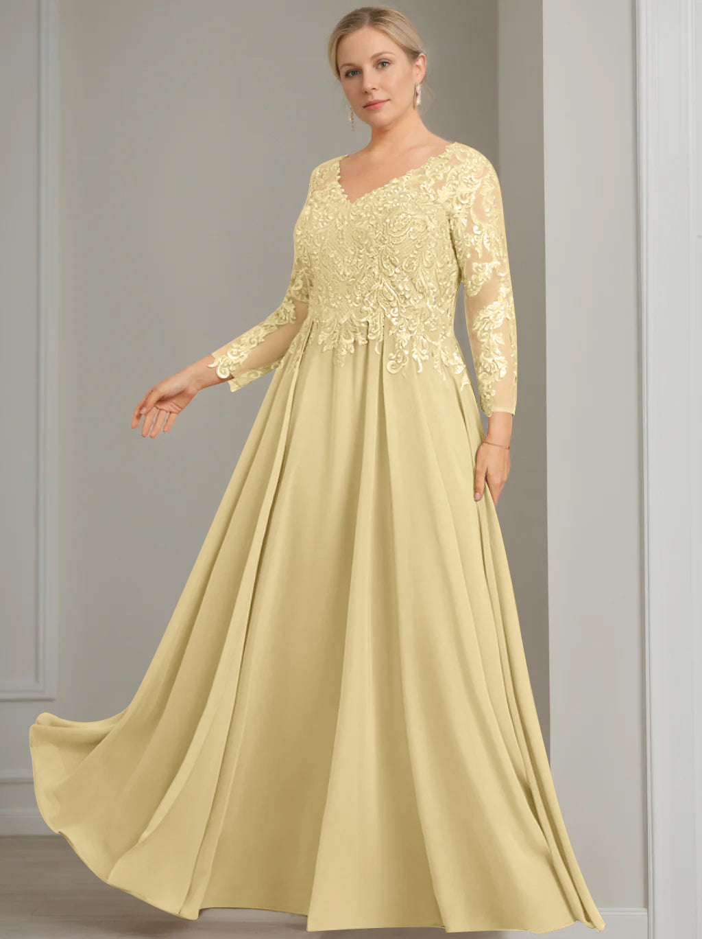 A-Line/Princess V-Neck 3/4 Length Sleeves Floor-Length Plus Size Mother of the Bride Dresses with Sequins