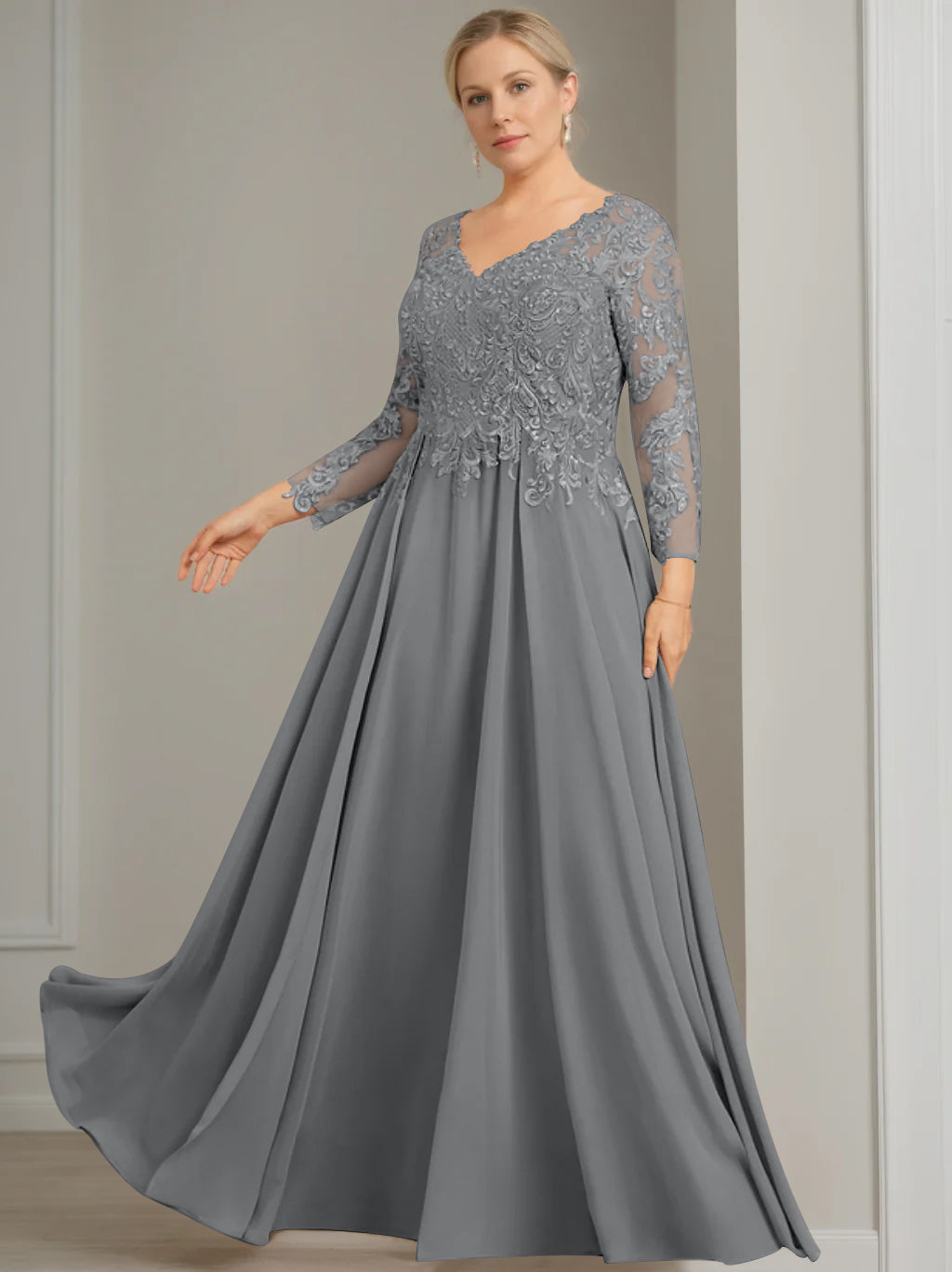 A-Line/Princess V-Neck 3/4 Length Sleeves Floor-Length Plus Size Mother of the Bride Dresses with Sequins
