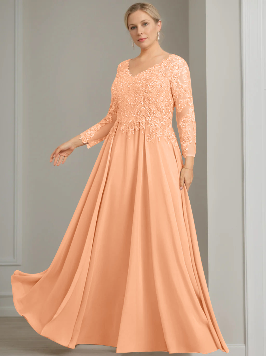 A-Line/Princess V-Neck 3/4 Length Sleeves Floor-Length Plus Size Mother of the Bride Dresses with Sequins