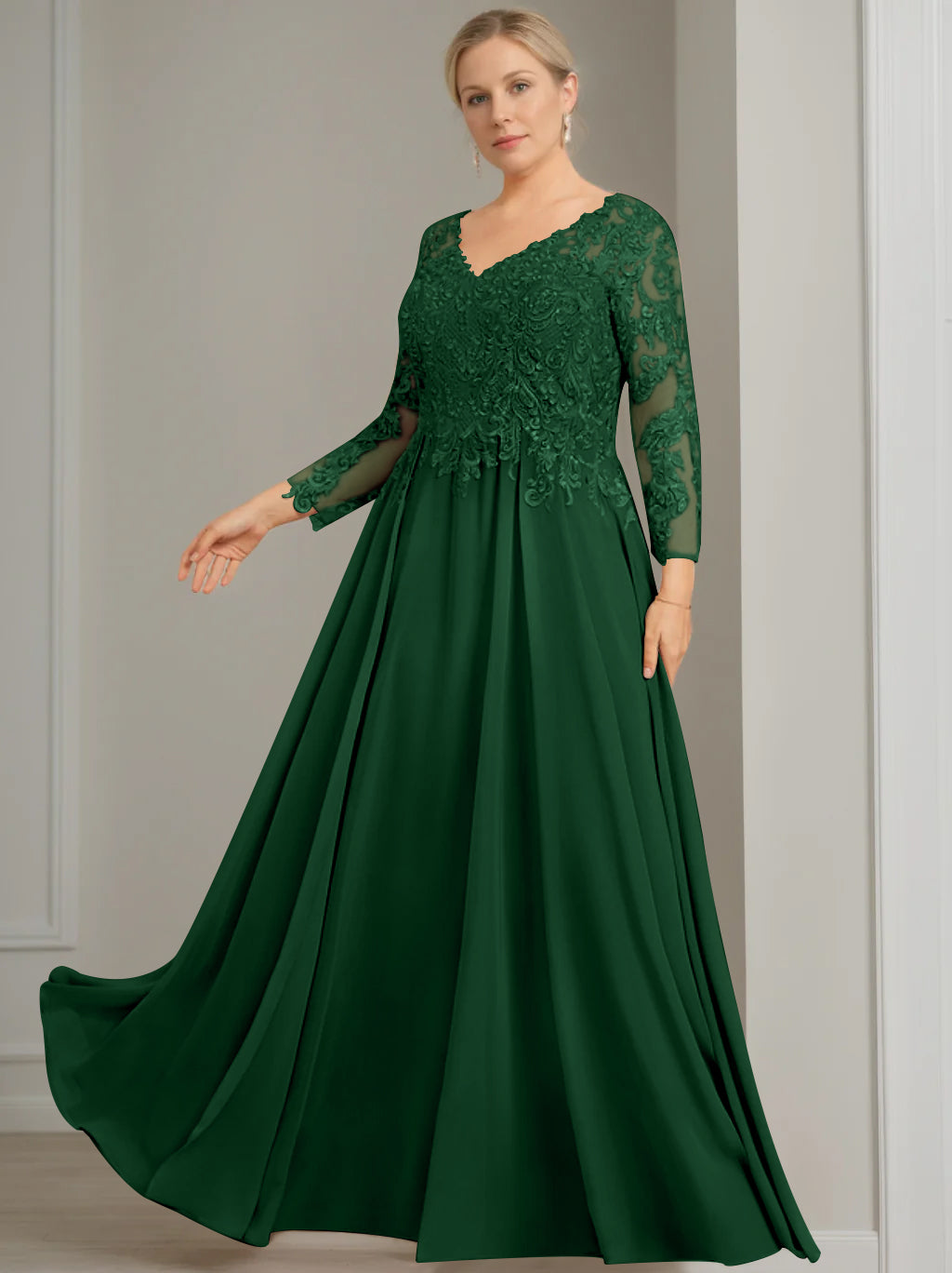 A-Line/Princess V-Neck 3/4 Length Sleeves Floor-Length Plus Size Mother of the Bride Dresses with Sequins