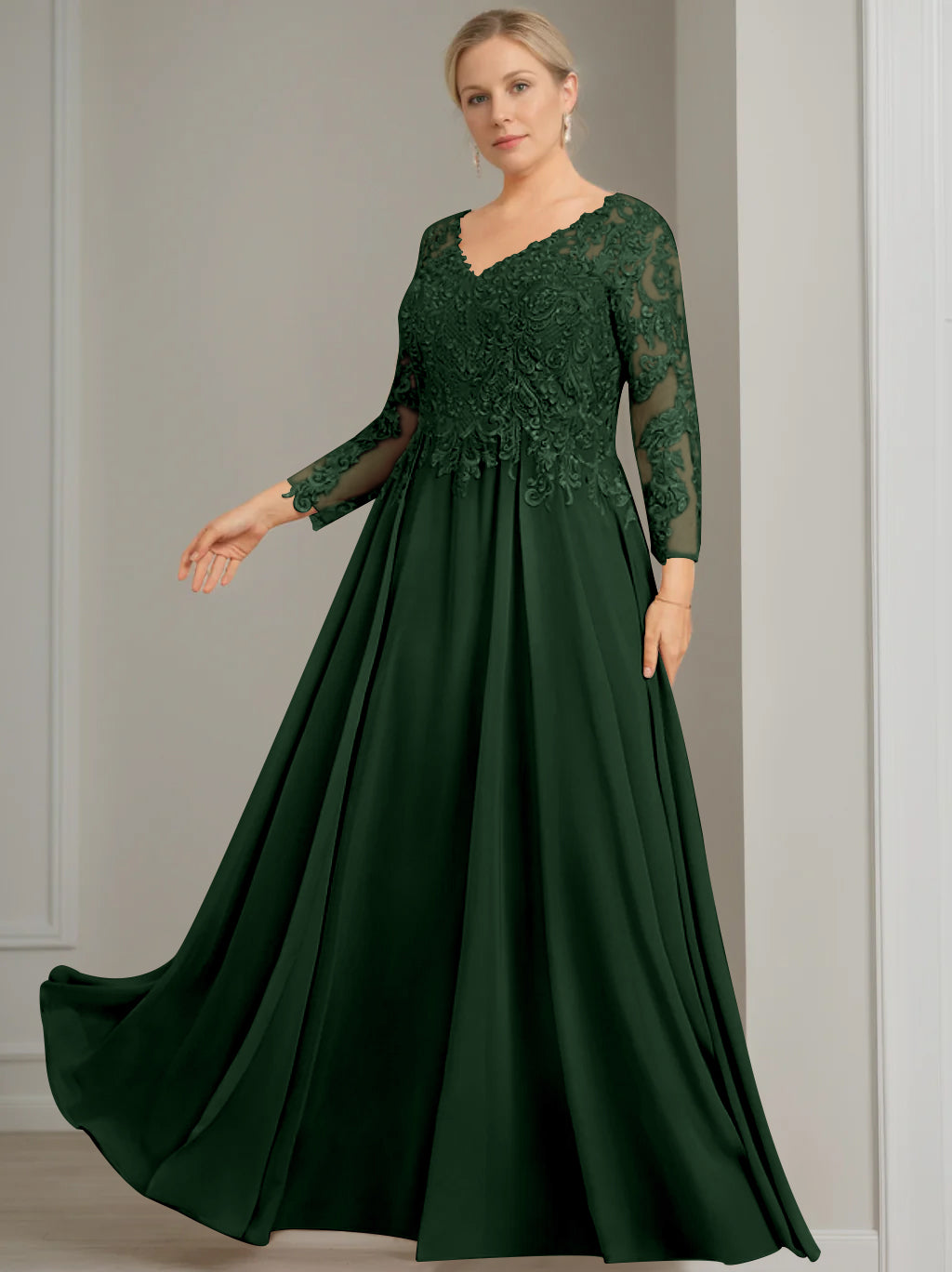 A-Line/Princess V-Neck 3/4 Length Sleeves Floor-Length Plus Size Mother of the Bride Dresses with Sequins