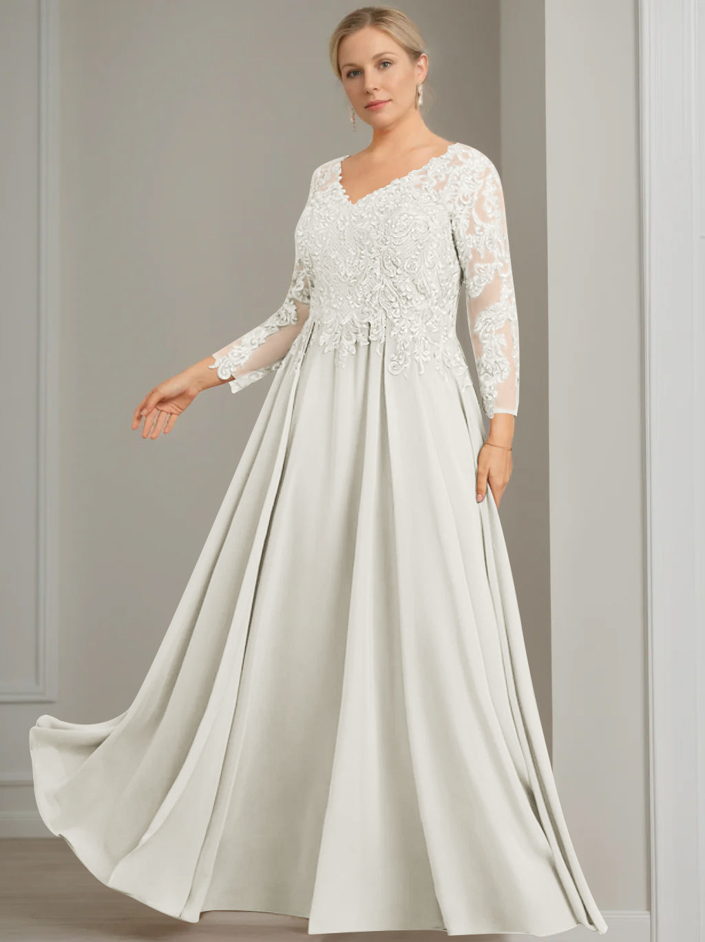 A-Line/Princess V-Neck 3/4 Length Sleeves Floor-Length Plus Size Mother of the Bride Dresses with Sequins