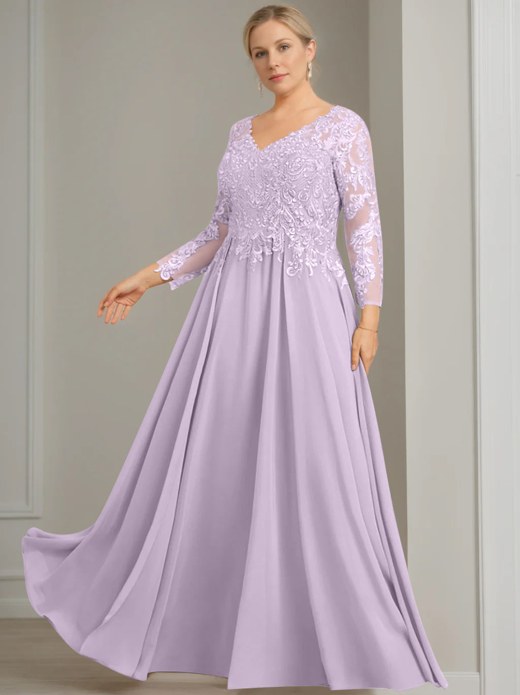 A-Line/Princess V-Neck 3/4 Length Sleeves Floor-Length Plus Size Mother of the Bride Dresses with Sequins
