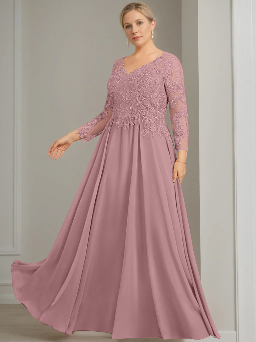 A-Line/Princess V-Neck 3/4 Length Sleeves Floor-Length Plus Size Mother of the Bride Dresses with Sequins