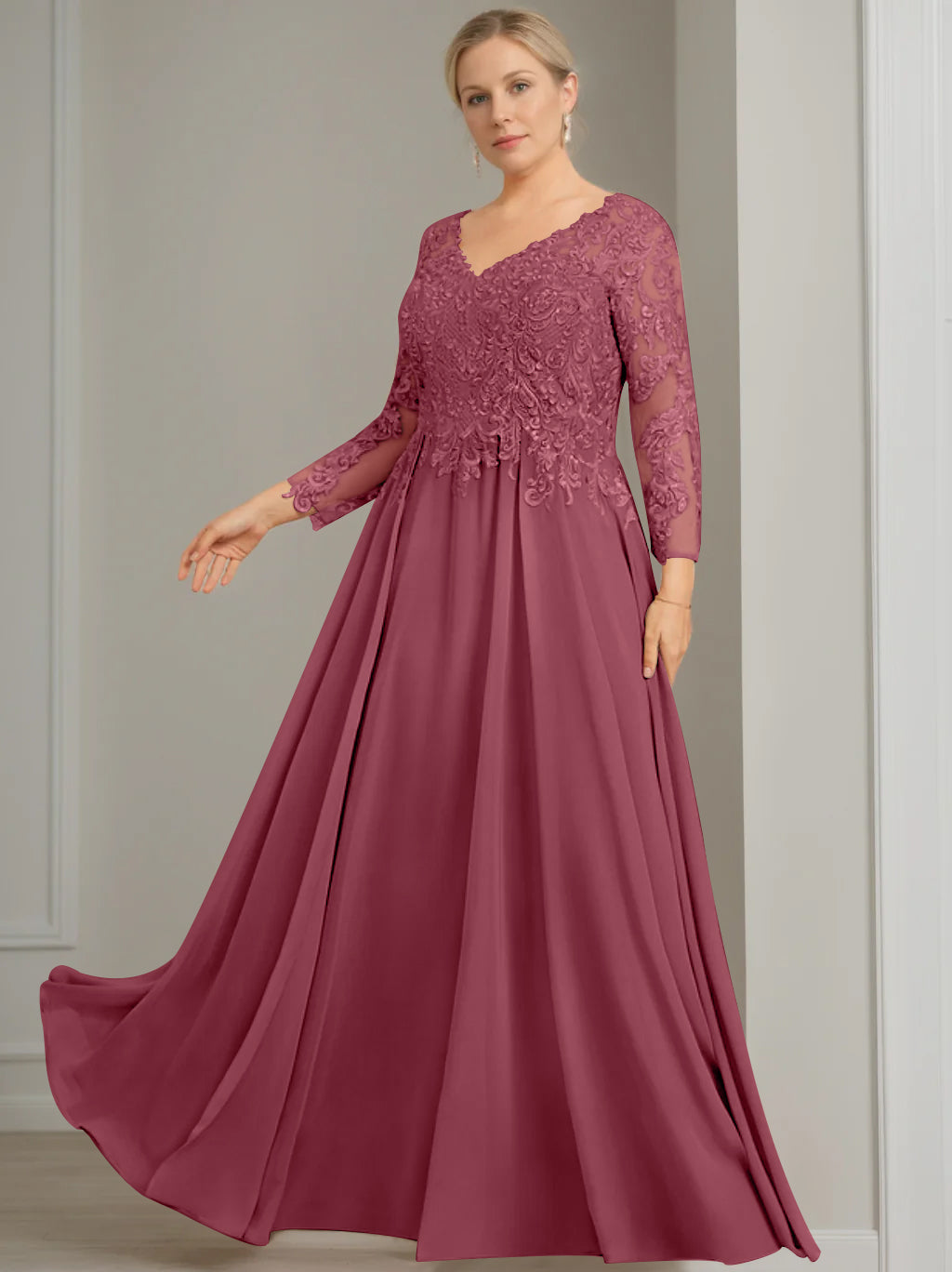 A-Line/Princess V-Neck 3/4 Length Sleeves Floor-Length Plus Size Mother of the Bride Dresses with Sequins