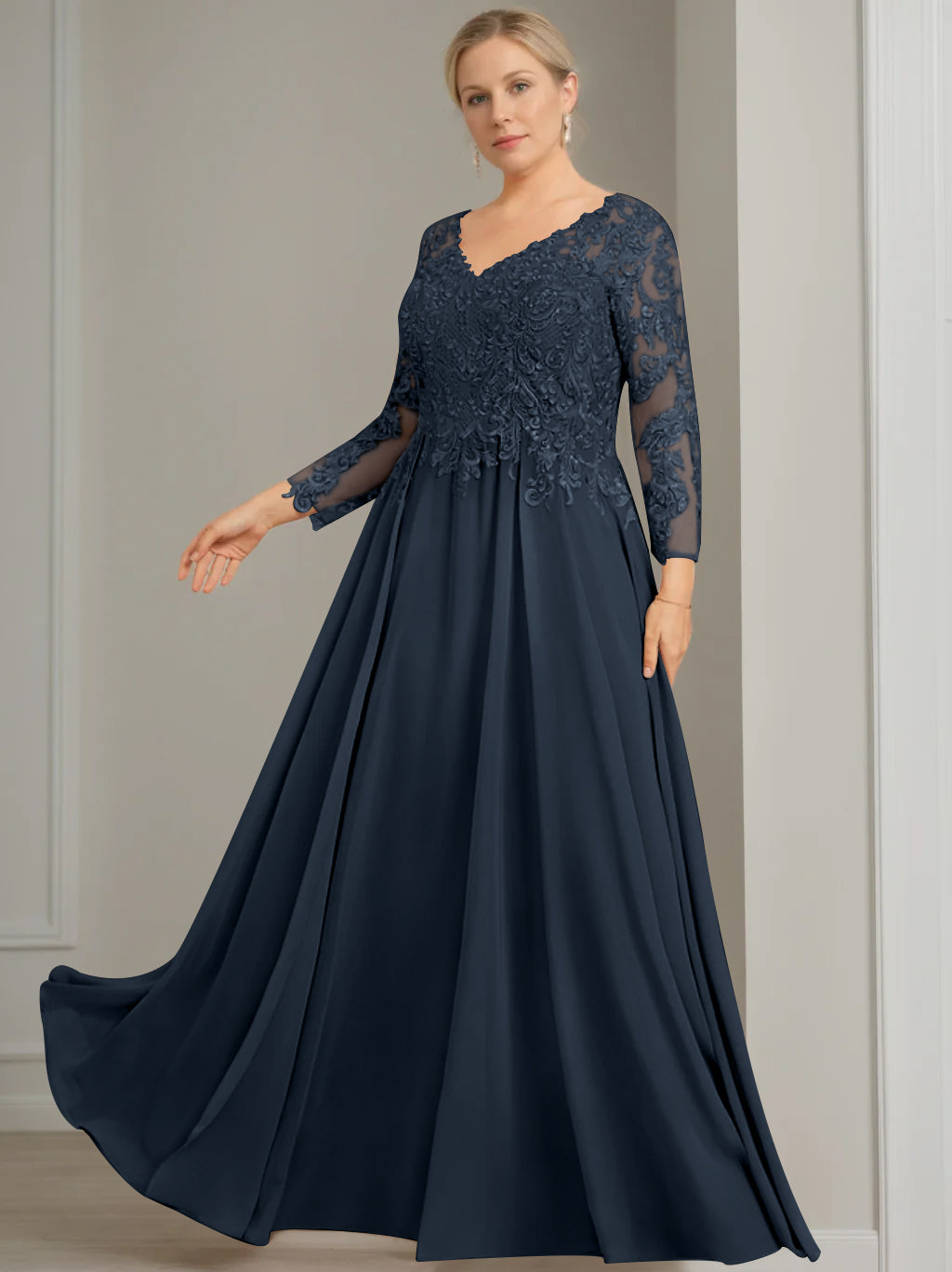 A-Line/Princess V-Neck 3/4 Length Sleeves Floor-Length Plus Size Mother of the Bride Dresses with Sequins