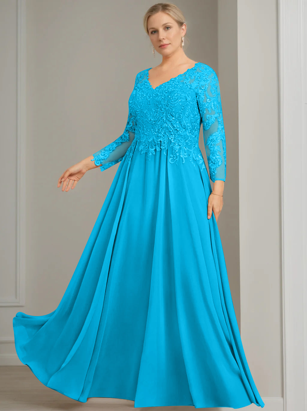 A-Line/Princess V-Neck 3/4 Length Sleeves Floor-Length Plus Size Mother of the Bride Dresses with Sequins