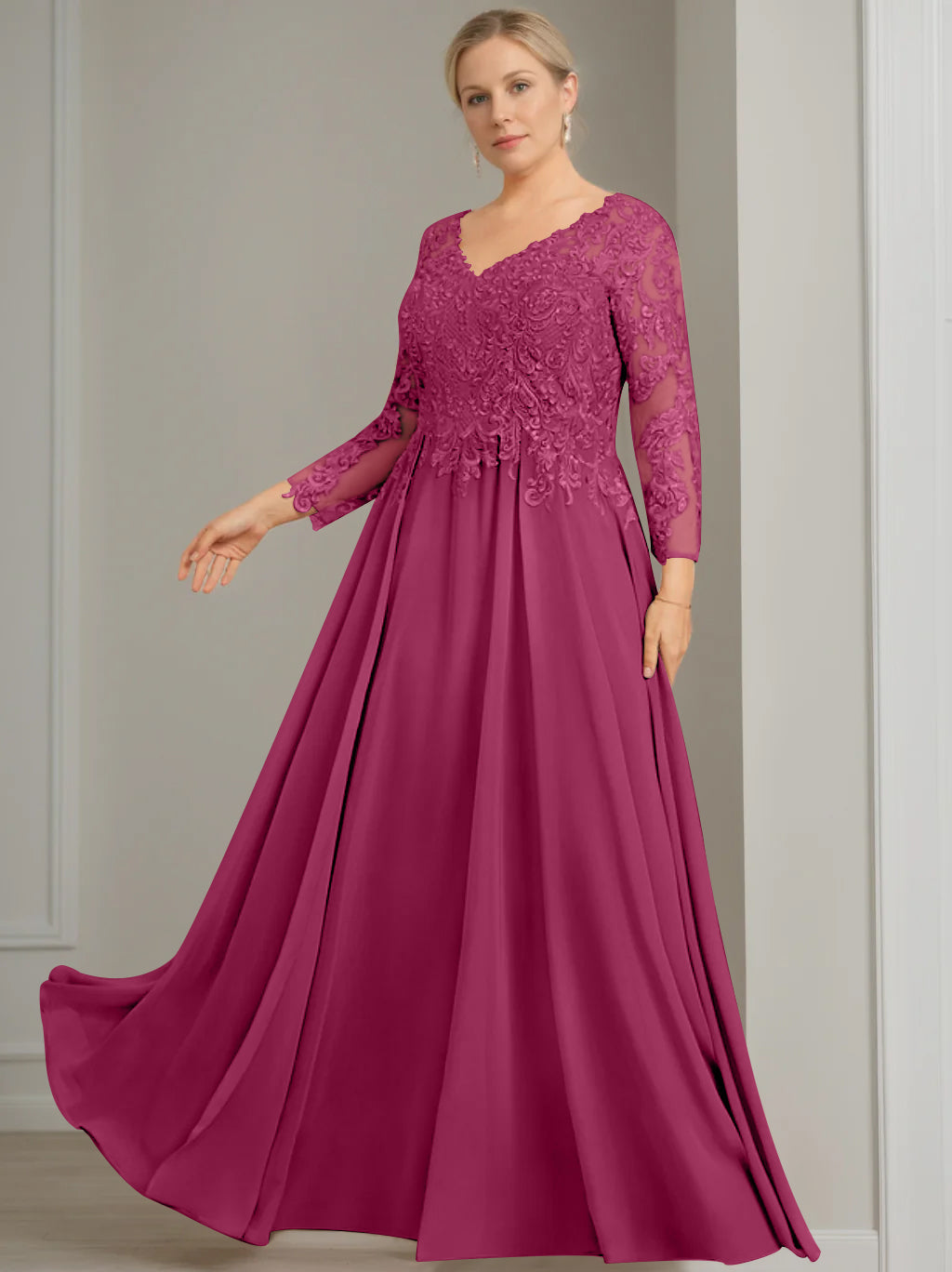 A-Line/Princess V-Neck 3/4 Length Sleeves Floor-Length Plus Size Mother of the Bride Dresses with Sequins