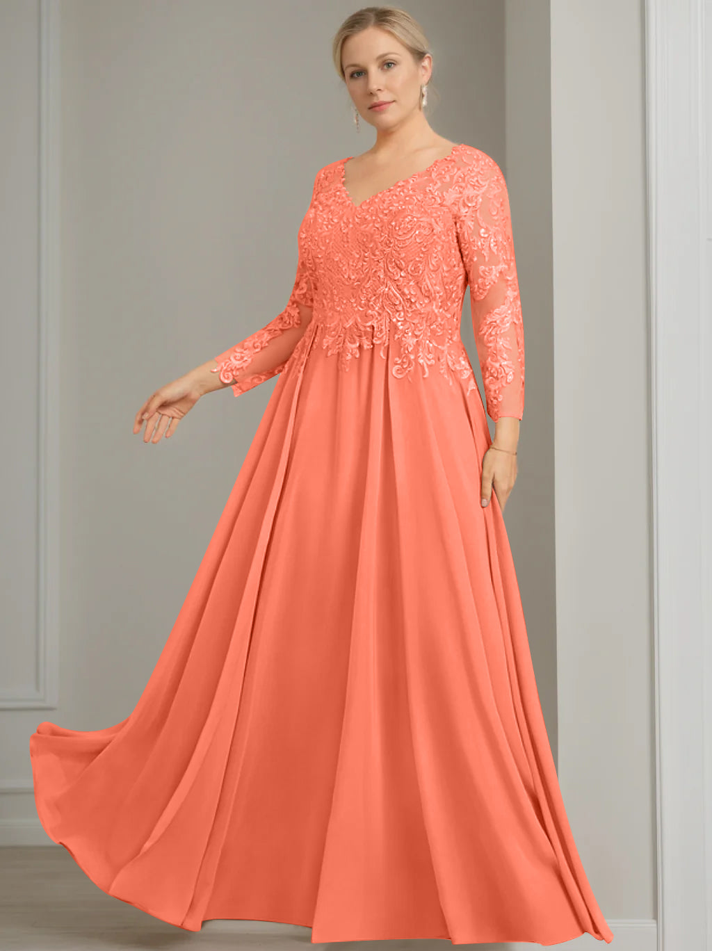 A-Line/Princess V-Neck 3/4 Length Sleeves Floor-Length Plus Size Mother of the Bride Dresses with Sequins