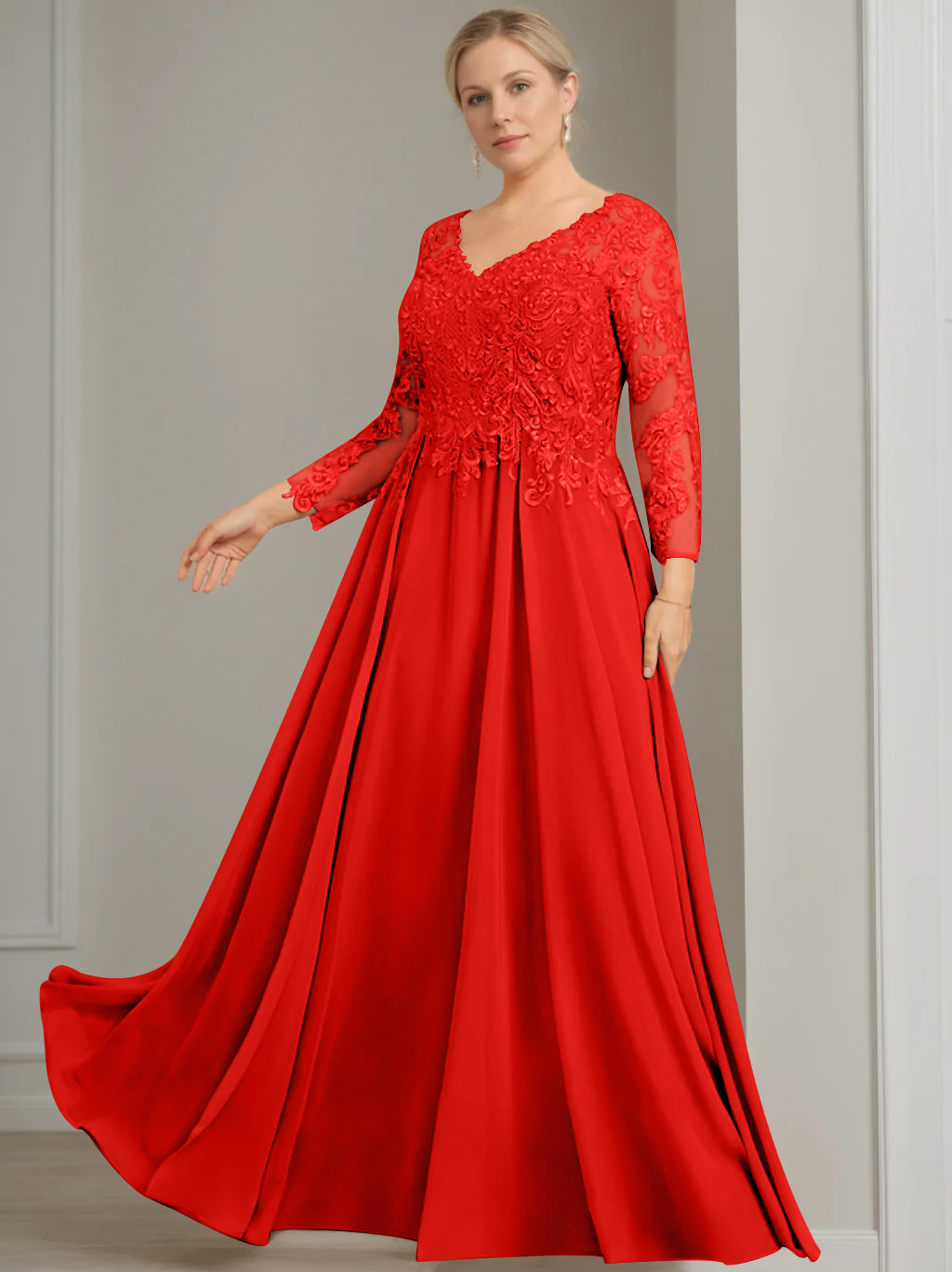 A-Line/Princess V-Neck 3/4 Length Sleeves Floor-Length Plus Size Mother of the Bride Dresses with Sequins