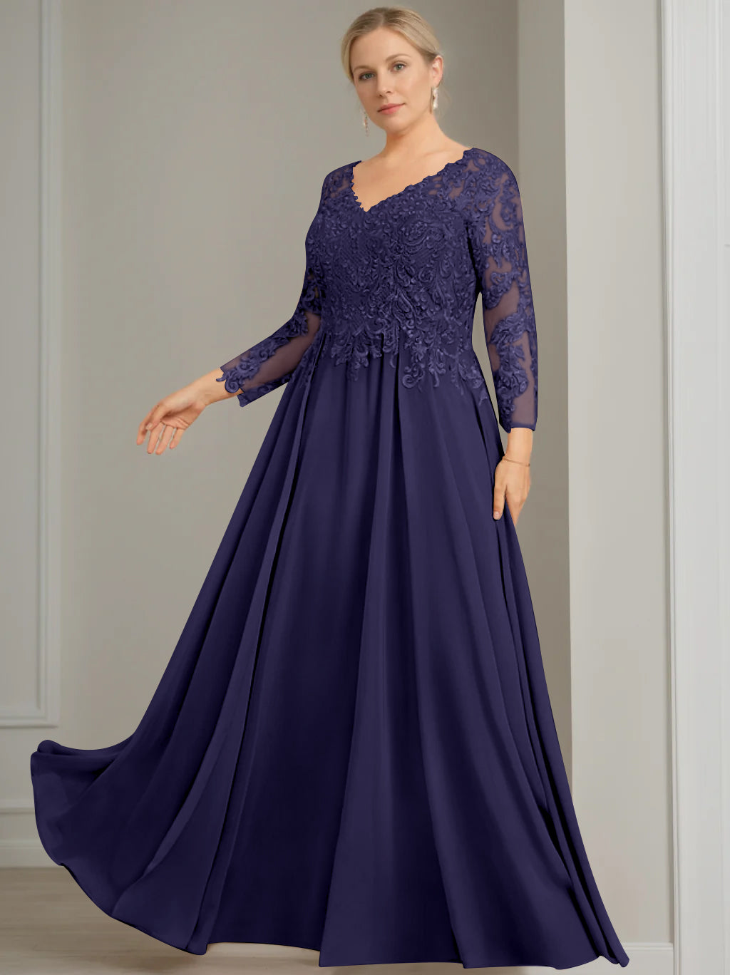 A-Line/Princess V-Neck 3/4 Length Sleeves Floor-Length Plus Size Mother of the Bride Dresses with Sequins