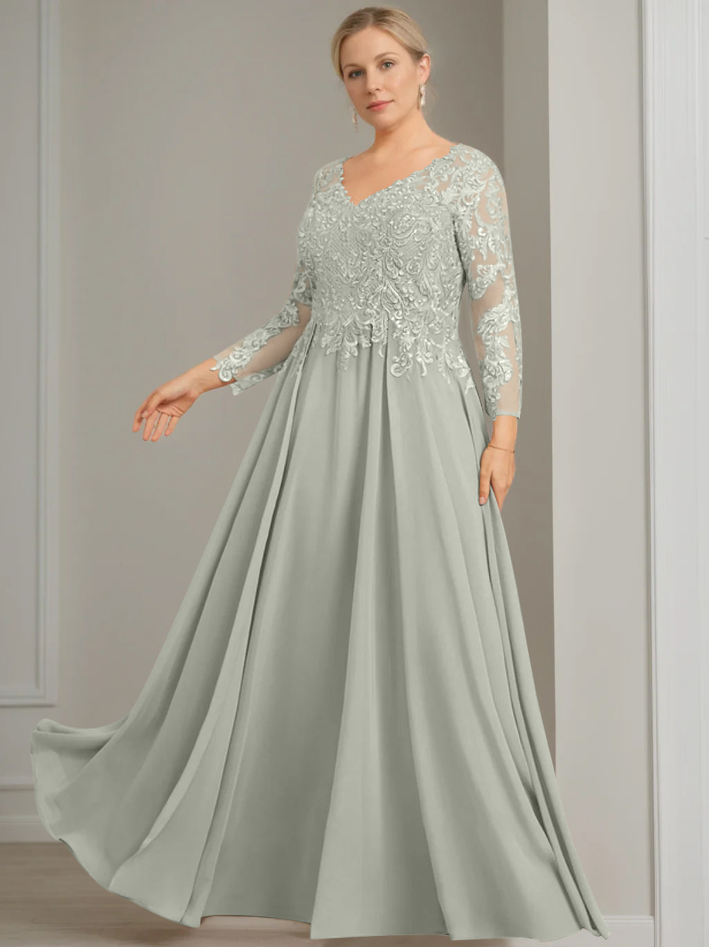 A-Line/Princess V-Neck 3/4 Length Sleeves Floor-Length Plus Size Mother of the Bride Dresses with Sequins
