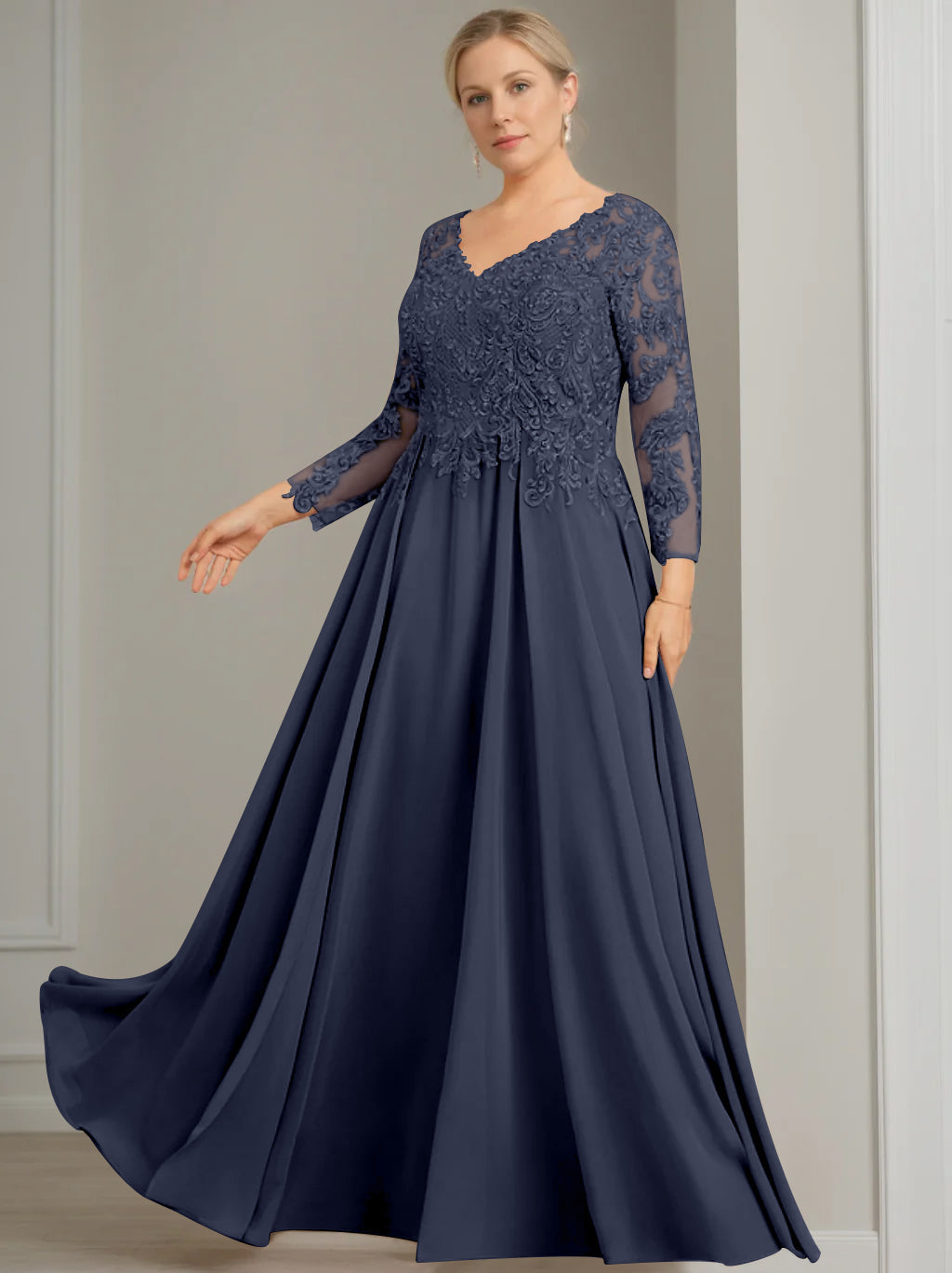 A-Line/Princess V-Neck 3/4 Length Sleeves Floor-Length Plus Size Mother of the Bride Dresses with Sequins
