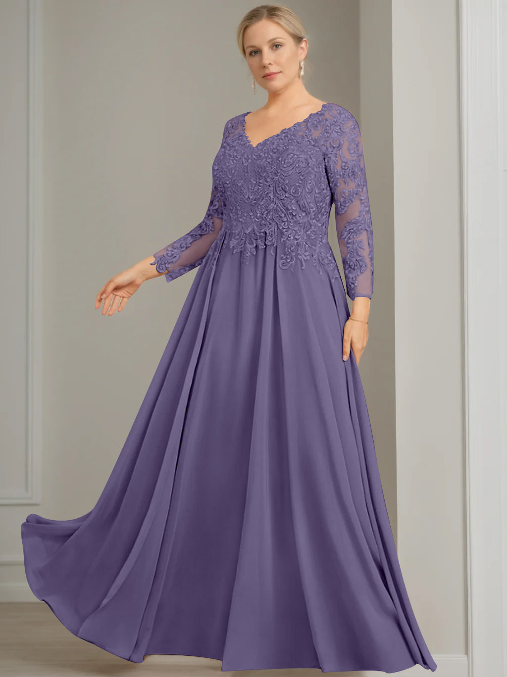 A-Line/Princess V-Neck 3/4 Length Sleeves Floor-Length Plus Size Mother of the Bride Dresses with Sequins