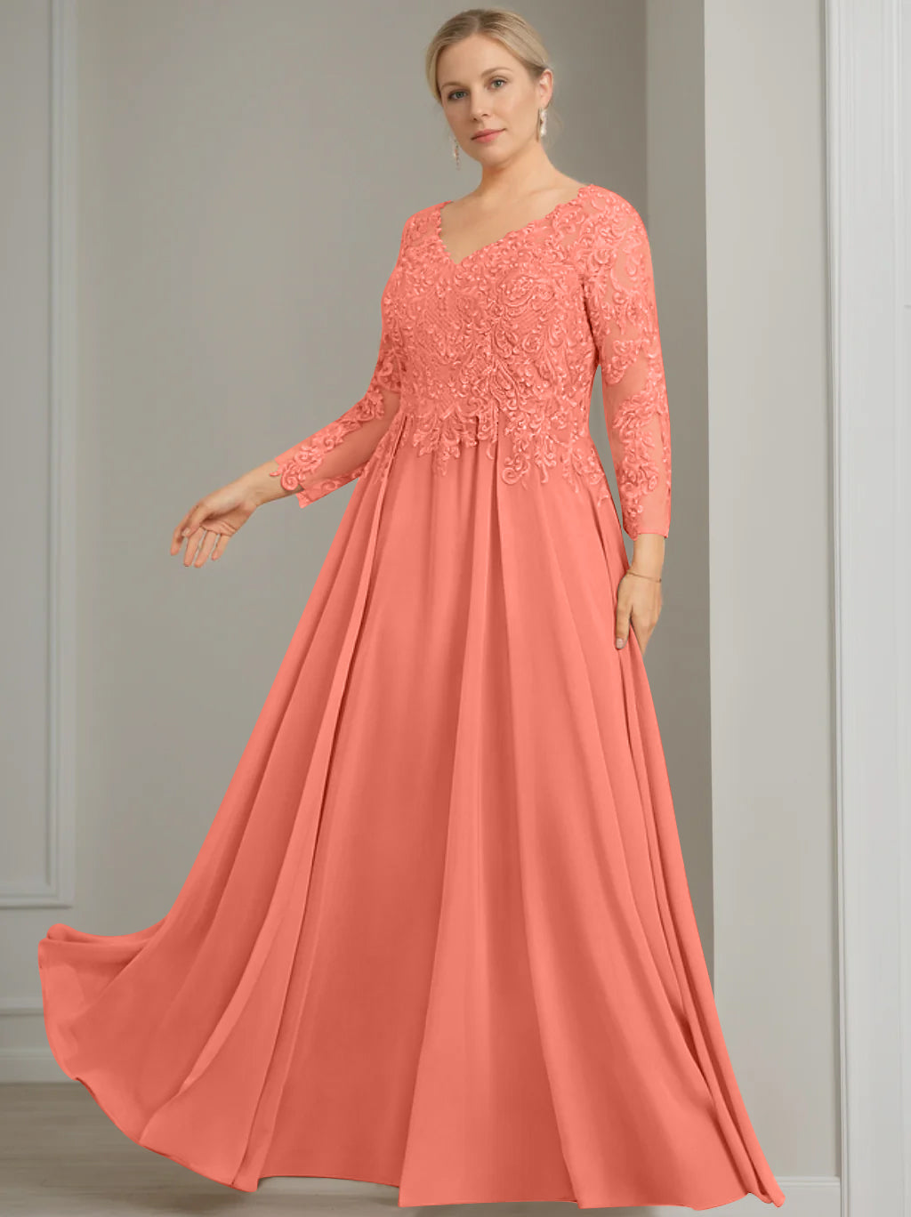 A-Line/Princess V-Neck 3/4 Length Sleeves Floor-Length Plus Size Mother of the Bride Dresses with Sequins