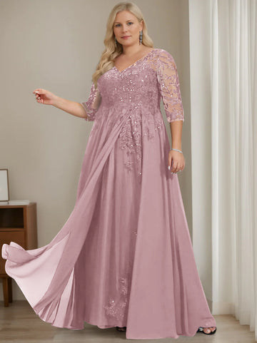 A-Line/Princess V-Neck Half Sleeves Floor-Length Plus Size Mother of the Bride Dresses with Sequins