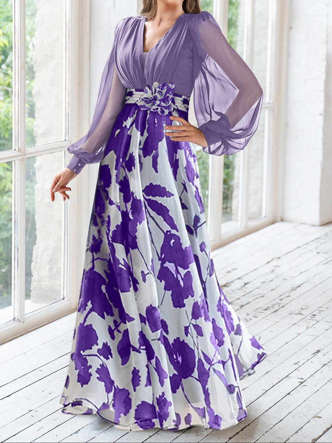 A Line/Princess V-Neck Long Sleeves Floor Length Floral Plus Size Mother of the Bride Dresses With Flower
