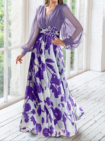 A Line/Princess V-Neck Long Sleeves Floor Length Floral Plus Size Mother of the Bride Dresses With Flower