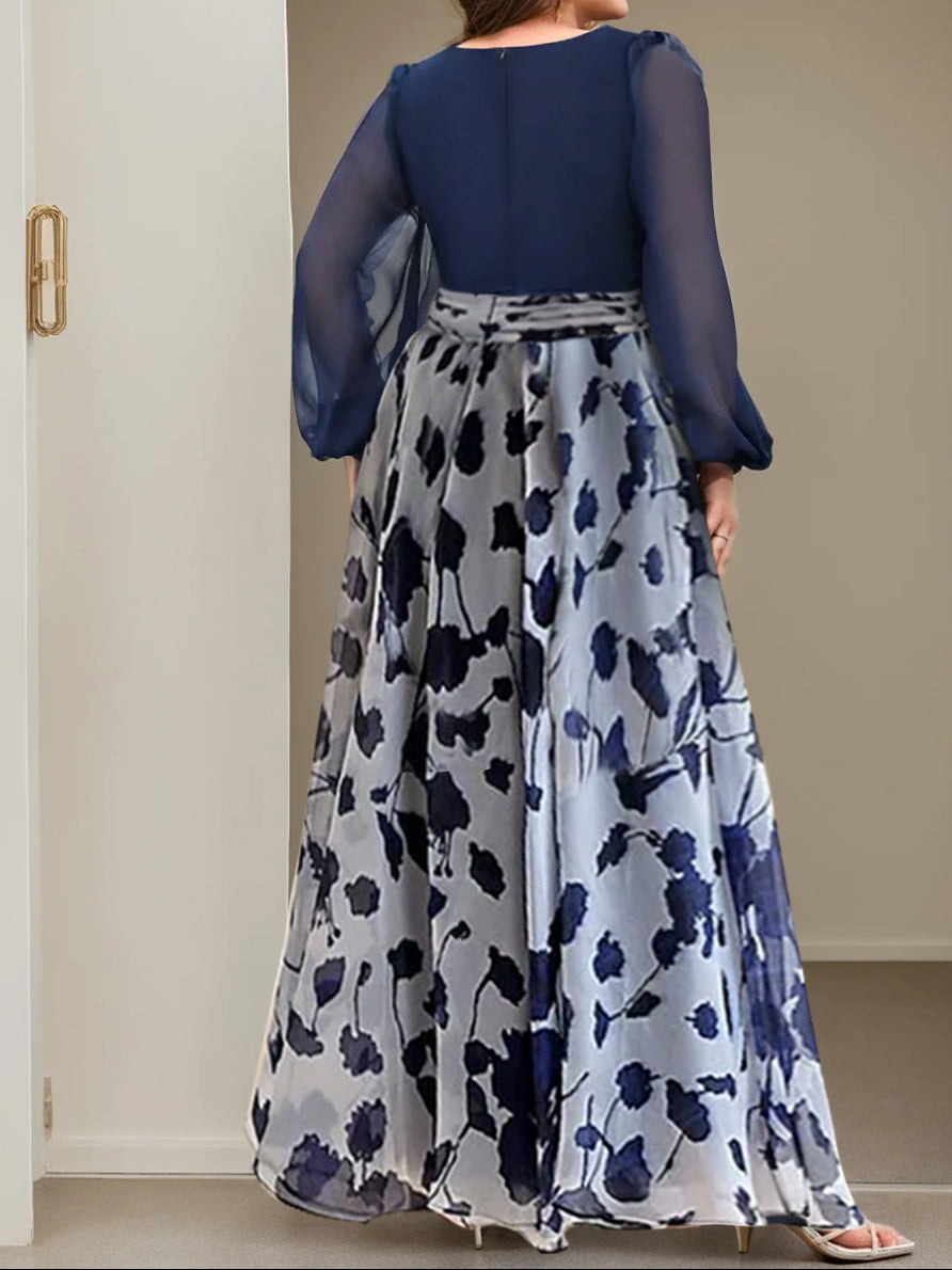 A Line/Princess V-Neck Long Sleeves Floor Length Floral Plus Size Mother of the Bride Dresses With Flower