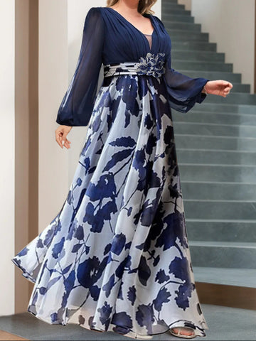 A Line/Princess V-Neck Long Sleeves Floor Length Floral Plus Size Mother of the Bride Dresses With Flower
