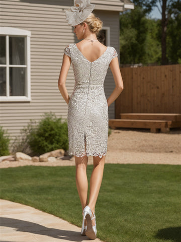 Two Piece Sheath/Column Scoop Satin Mother of the Bride Dresses Knee-length 1/2 Sleeves Lace